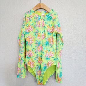 Cat & Jack Neon Yellow Floral Long Sleeve Bathing Suit Size 10/12